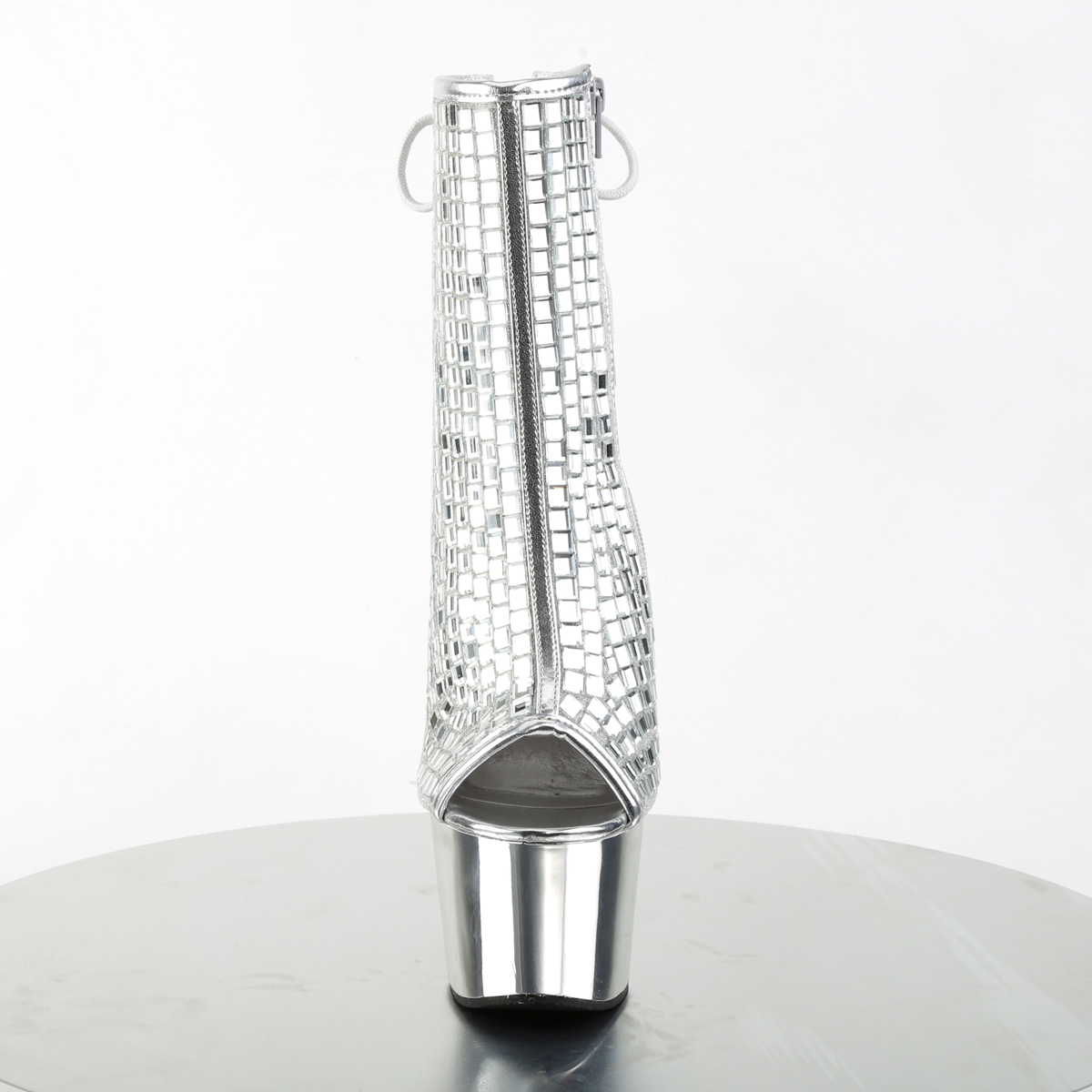 Pleaser Adore-1018DBM S/SCH - Srebrne botki z odkrytymi palcami na wysokiej platformie