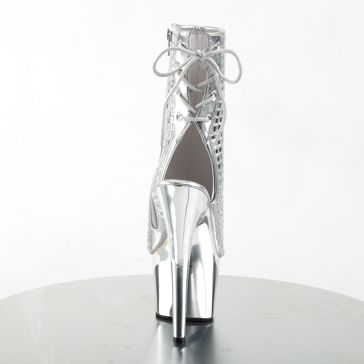 Pleaser Adore-1018DBM S/SCH - Srebrne botki z odkrytymi palcami na wysokiej platformie