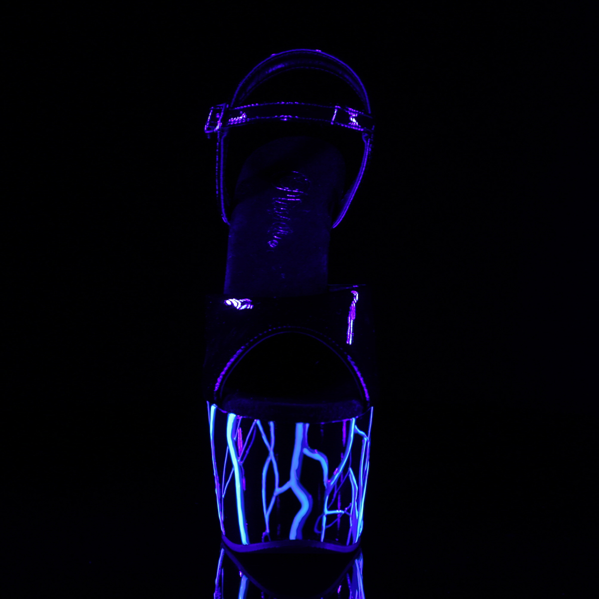 Pleaser Adore-709NLB B/B-NBL - Błyszczące czarne świecące sandały na wysokiej platformie