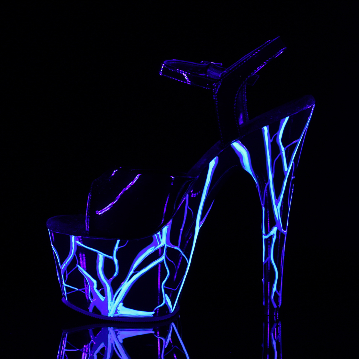 Pleaser Adore-709NLB B/B-NBL - Błyszczące czarne świecące sandały na wysokiej platformie