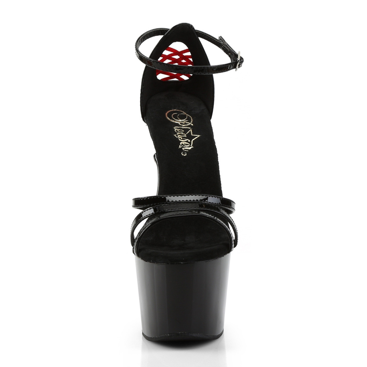 Pleaser Adore-762 B/M - Błyszczące czarne buty z paskiem nad kostką na wysokiej platformie