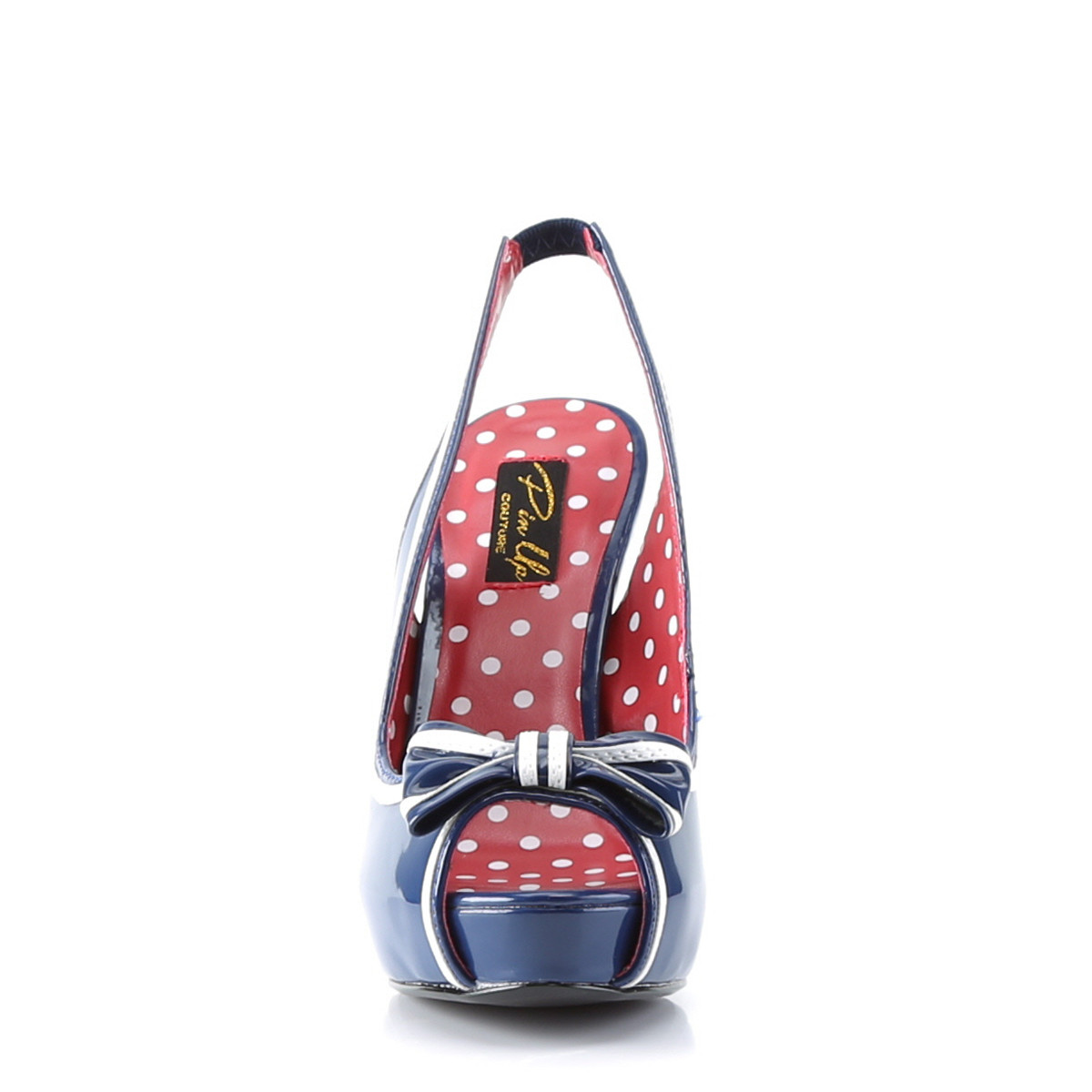 Pin Up Couture Bettie-05 NBPT - Błyszczące niebieskie czółenka z odkrytymi palcami i wolną piętą