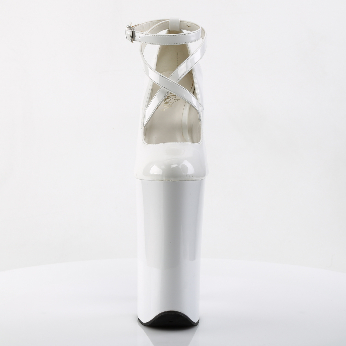 Pleaser Beyond-087 W/M - Błyszczące białe czółenka z paskami na wysokiej platformie