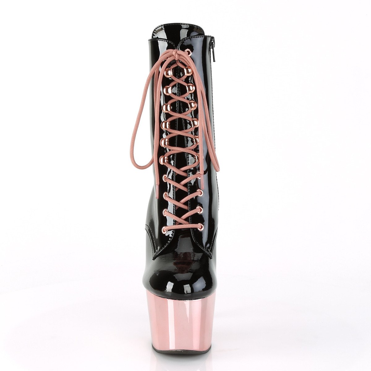 Pleaser Adore-1020 B/ROGLDCH - Błyszczące czarne buty za kostkę na wysokiej platformie