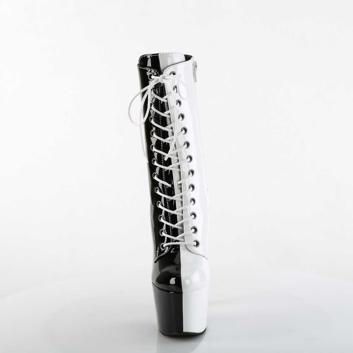 Pleaser Adore-1040TT B-W/M - Błyszczące czarne buty za kostkę na wysokiej platformie