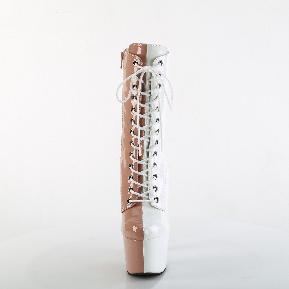 Pleaser Adore-1040TT BH-W/M - Błyszczące beżowe buty za kostkę na wysokiej platformie