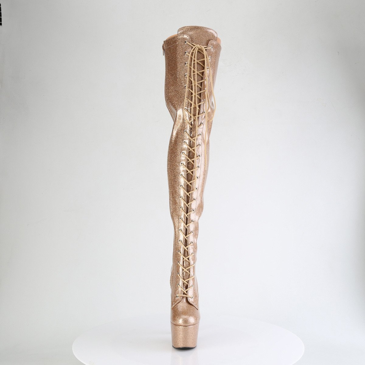 Pleaser Adore-3020GP GG/M - Błyszczące złote kozaki za kolano na wysokiej platformie