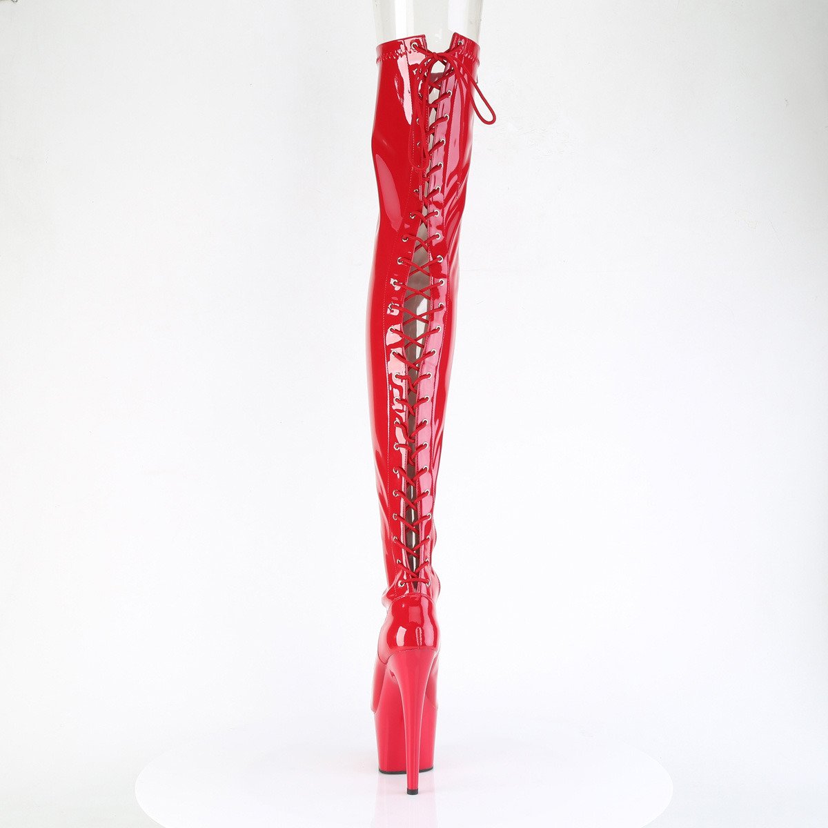 Pleaser Adore-3850 R/M - Błyszczące czerwone kozaki za kolano na wysokiej platformie
