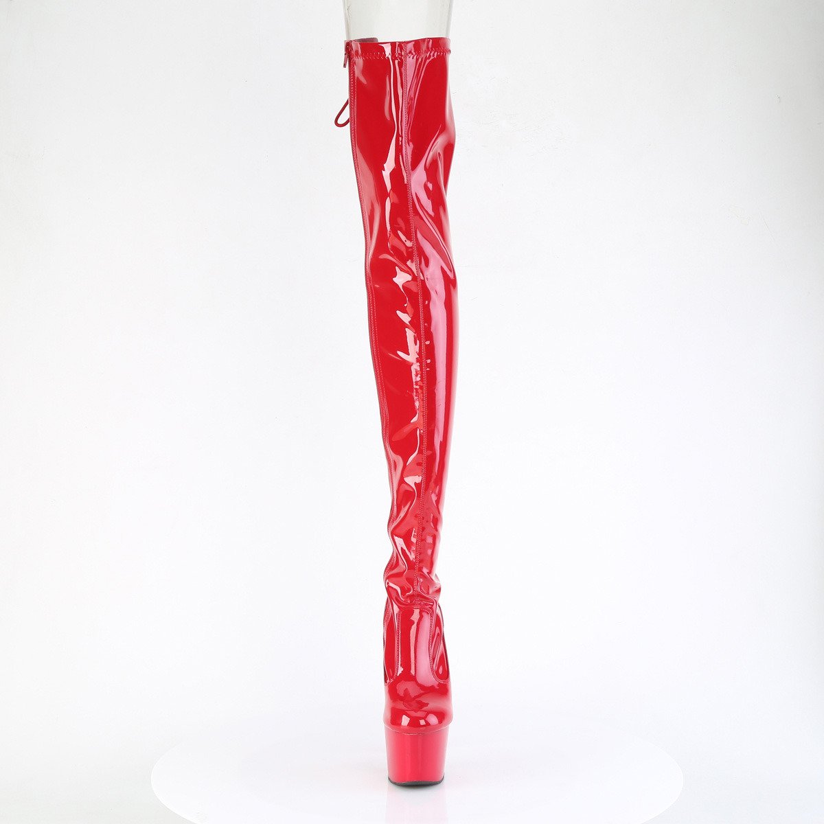Pleaser Adore-3850 R/M - Błyszczące czerwone kozaki za kolano na wysokiej platformie