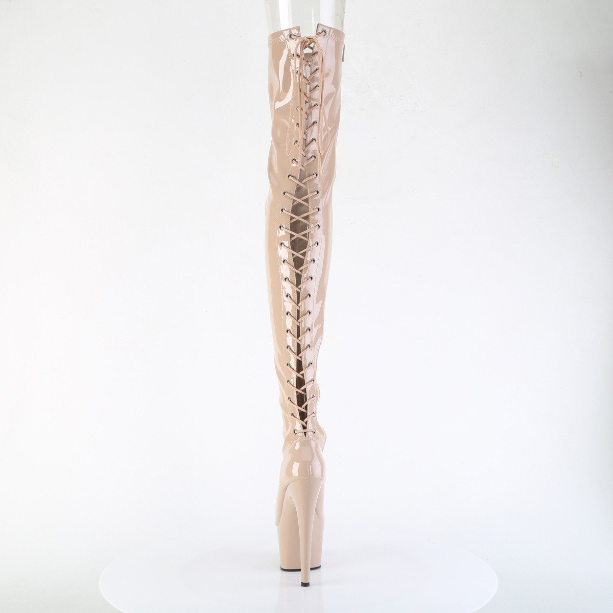 Pleaser Adore-3850 ND/M - Błyszczące beżowe kozaki za kolano na wysokiej platformie