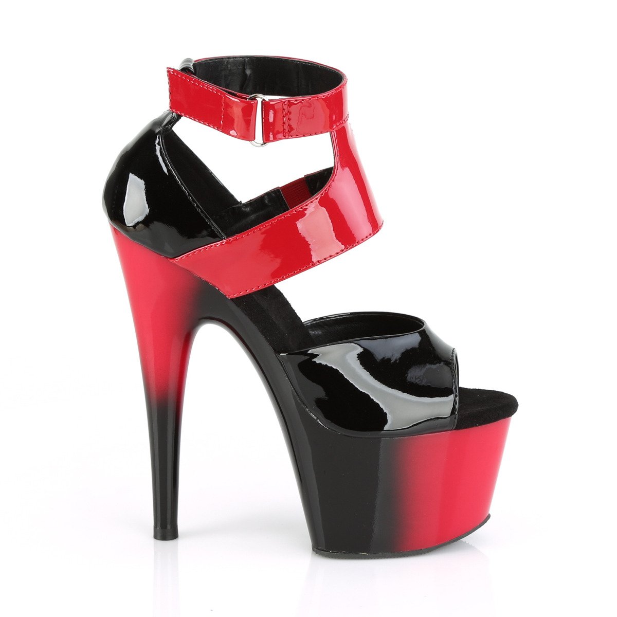 Pleaser Adore-700-16 B-R/R-B - Błyszczące czarne buty z paskiem nad kostką na wysokiej platformie