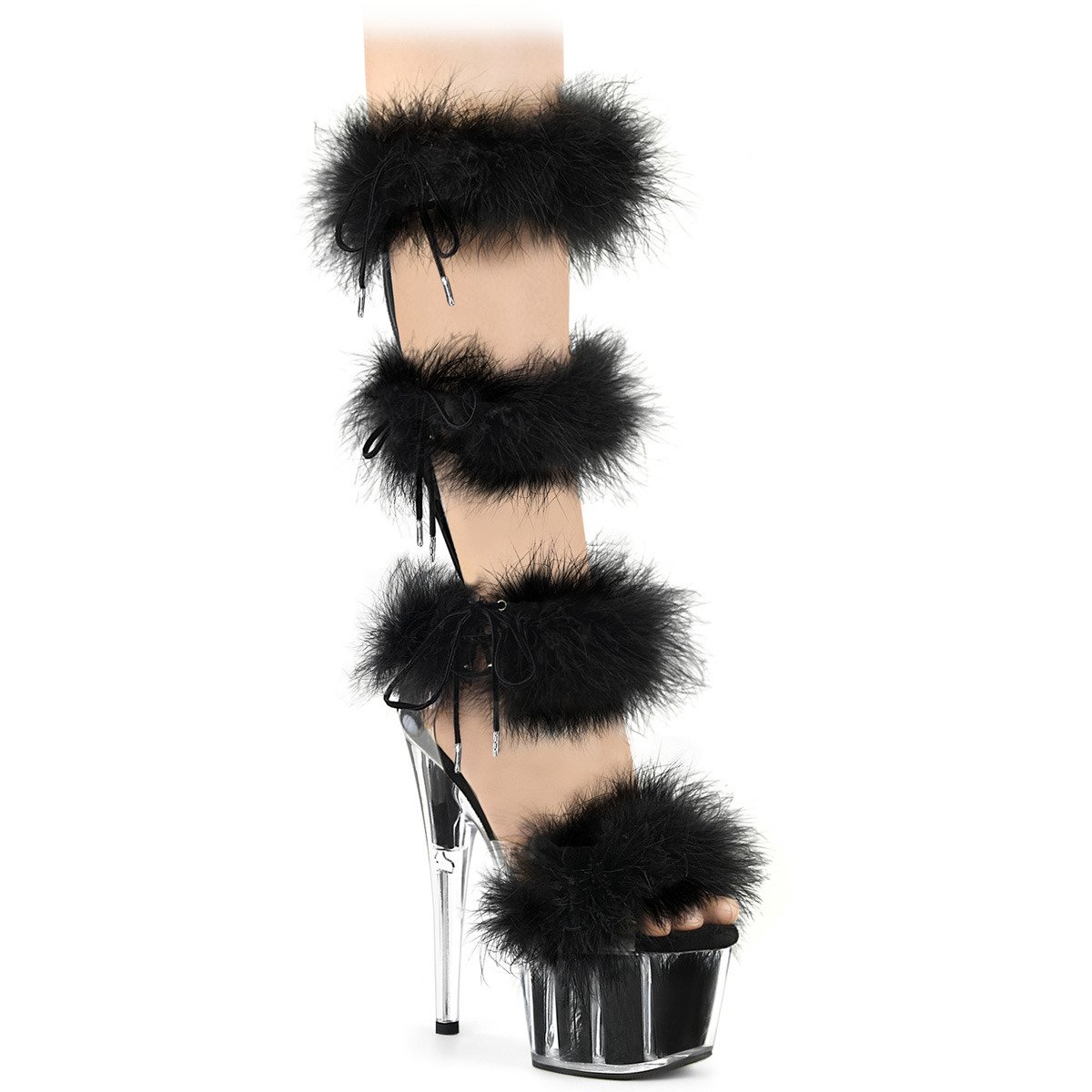 Pleaser Adore-728F C-BFUR/M - Czarne sandały gladiatorki na wysokiej platformie