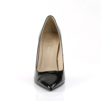 Pleaser Classique-20 B - Klasyczne czarne lakierowane czółenka ze szpiczastym noskiem na szpilce – czysty, elegancki model z kolekcji Classique od Pleaser bez platformy, dostępny też w dużych rozmiarach. Szpilka z piętą w kształcie podkowy, wysokość 10 cm, bez platformy. Szpiczasty nosek (pointed toe), wsuwany krój z paskiem przez podbicie. Cholewka z lakieru (patent), wkładka i podszewka semi-PU, podeszwa guma.