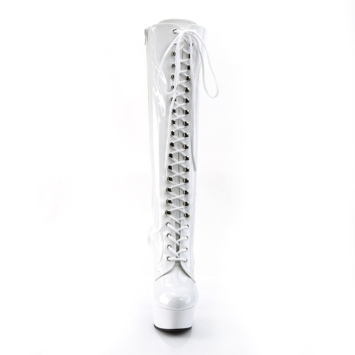 Pleaser Delight-2023 W/M - Błyszczące białe kozaki na platformie z wysokimi obcasami