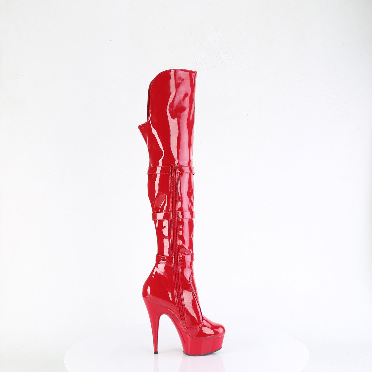 Pleaser Delight-3018 R/M - Błyszczące czerwone kozaki za kolano na platformie z wysokimi obcasami