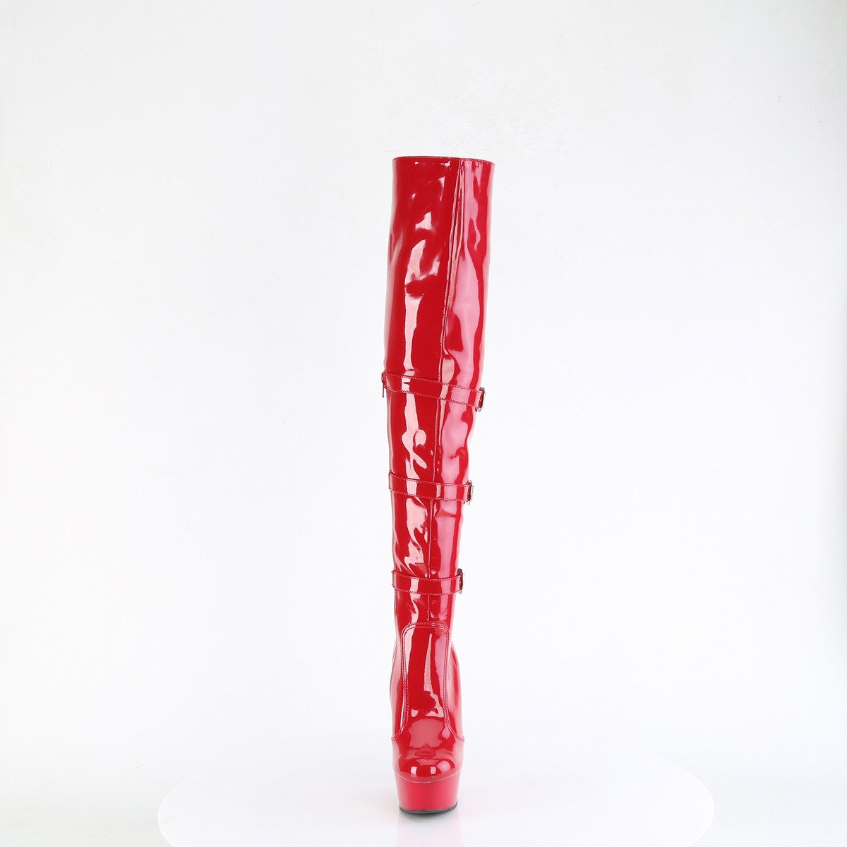 Pleaser Delight-3018 R/M - Błyszczące czerwone kozaki za kolano na platformie z wysokimi obcasami