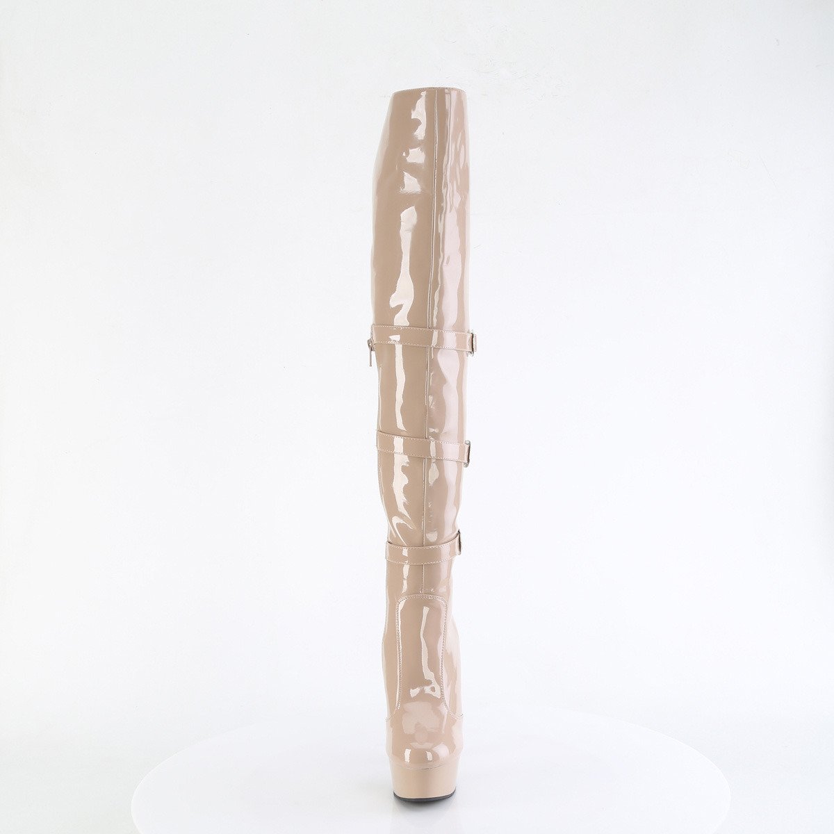 Pleaser Delight-3018 ND/M - Błyszczące beżowe kozaki za kolano na platformie z wysokimi obcasami