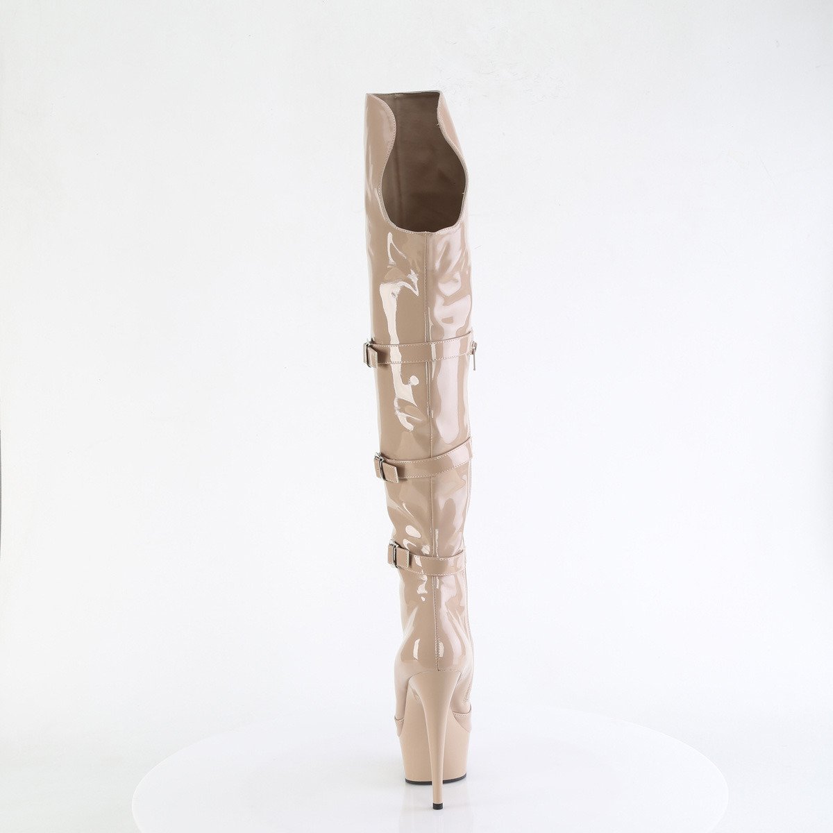 Pleaser Delight-3018 ND/M - Błyszczące beżowe kozaki za kolano na platformie z wysokimi obcasami