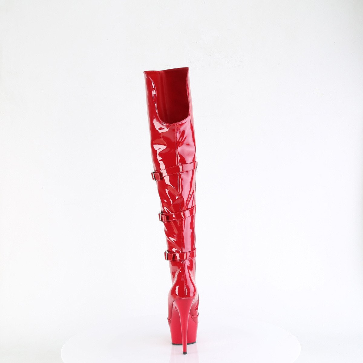 Pleaser Delight-3018 R/M - Błyszczące czerwone kozaki za kolano na platformie z wysokimi obcasami