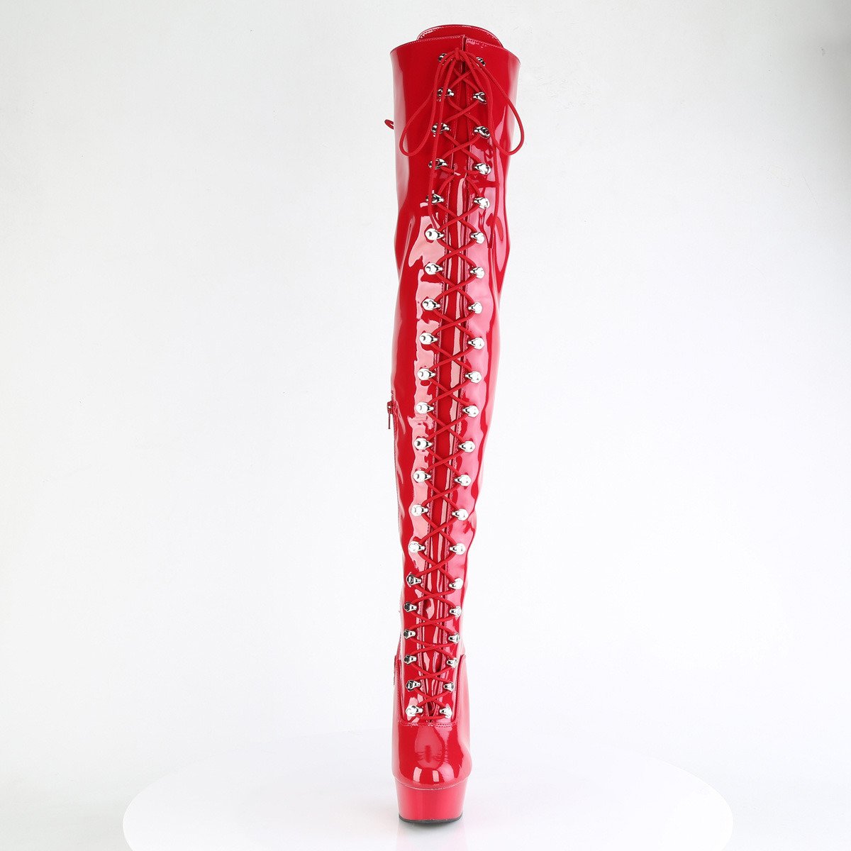 Pleaser Delight-3022 R/M - Błyszczące czerwone kozaki za kolano na platformie z wysokimi obcasami