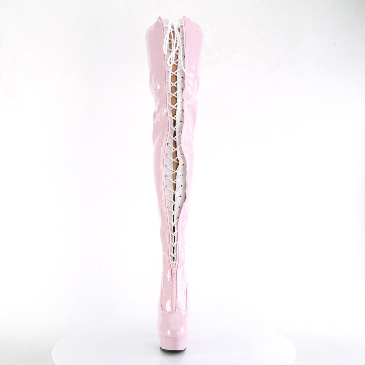 Pleaser Delight-3027 BP-W/BP - Błyszczące różowe kozaki za kolano na platformie z wysokimi obcasami