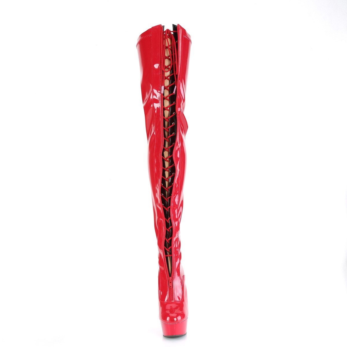 Pleaser Delight-3027 R-B/R - Błyszczące czerwone kozaki za kolano na platformie z wysokimi obcasami