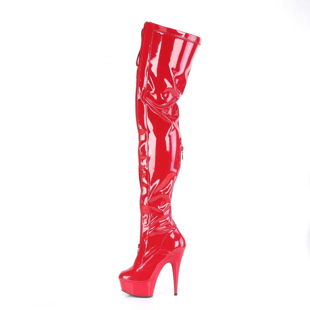 Pleaser Delight-3027 R-B/R - Błyszczące czerwone kozaki za kolano na platformie z wysokimi obcasami