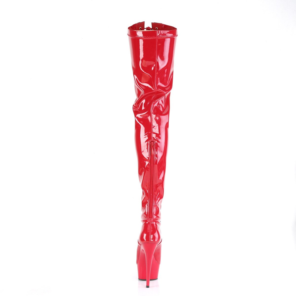 Pleaser Delight-3027 R-B/R - Błyszczące czerwone kozaki za kolano na platformie z wysokimi obcasami