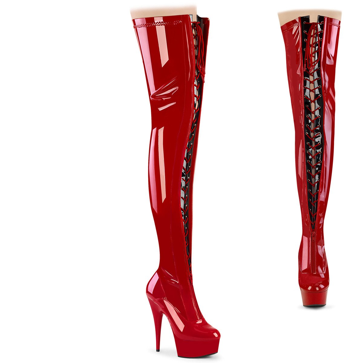 Pleaser Delight-3027 R-B/R - Błyszczące czerwone kozaki za kolano na platformie z wysokimi obcasami