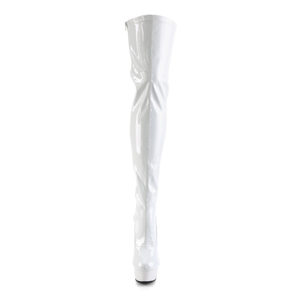 Pleaser Delight-3063 W/M - Błyszczące białe kozaki za kolano na platformie z wysokimi obcasami