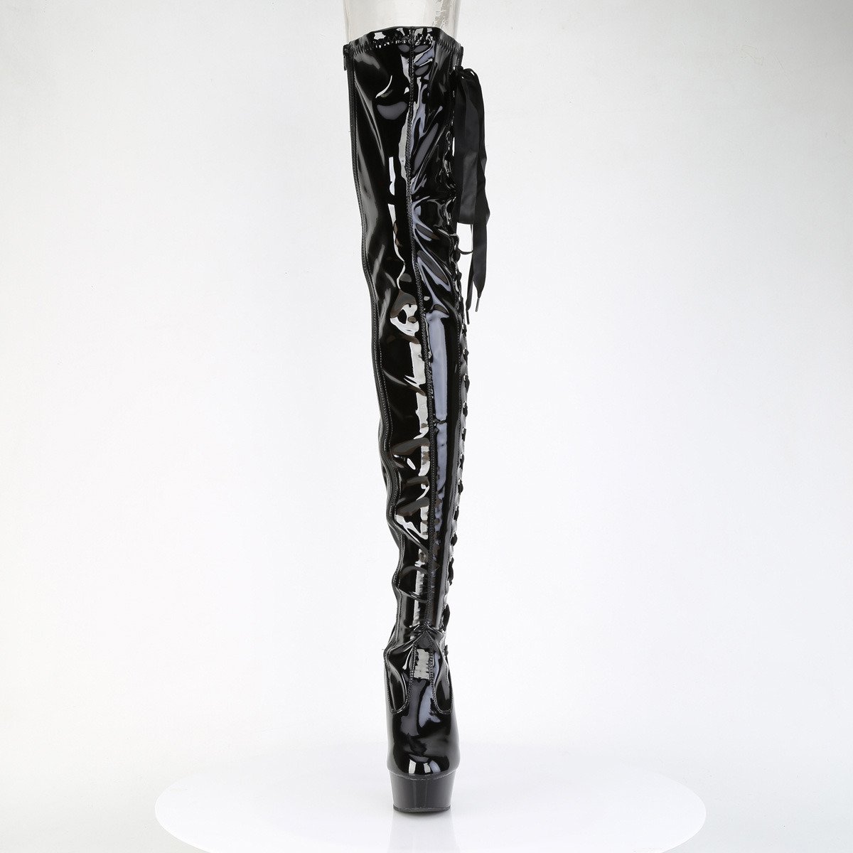 Pleaser Delight-4050 B/M - Błyszczące czarne kozaki za kolano na platformie z wysokimi obcasami