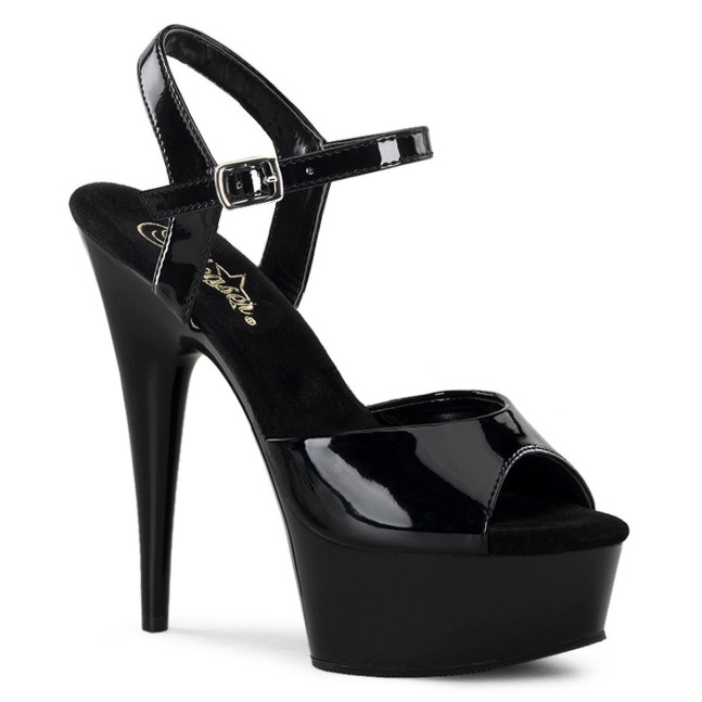 Pleaser Delight-609 B/M - Błyszczące czarne lakierowane sandały z odkrytym noskiem na szpilce z platformą – przystępny i seksowny model z serii Delight marki Pleaser, który spodoba się zarówno początkującym, jak i doświadczonym tancerkom. Szpilka z okrągłą piętą, wysokość 15 cm, platforma 5 cm. Cienki pasek wokół kostki z klamrą, odkryty nosek (peep toe). Cholewka z lakieru (patent), wkładka z mikrofibry, podszewka PVC, podeszwa guma.