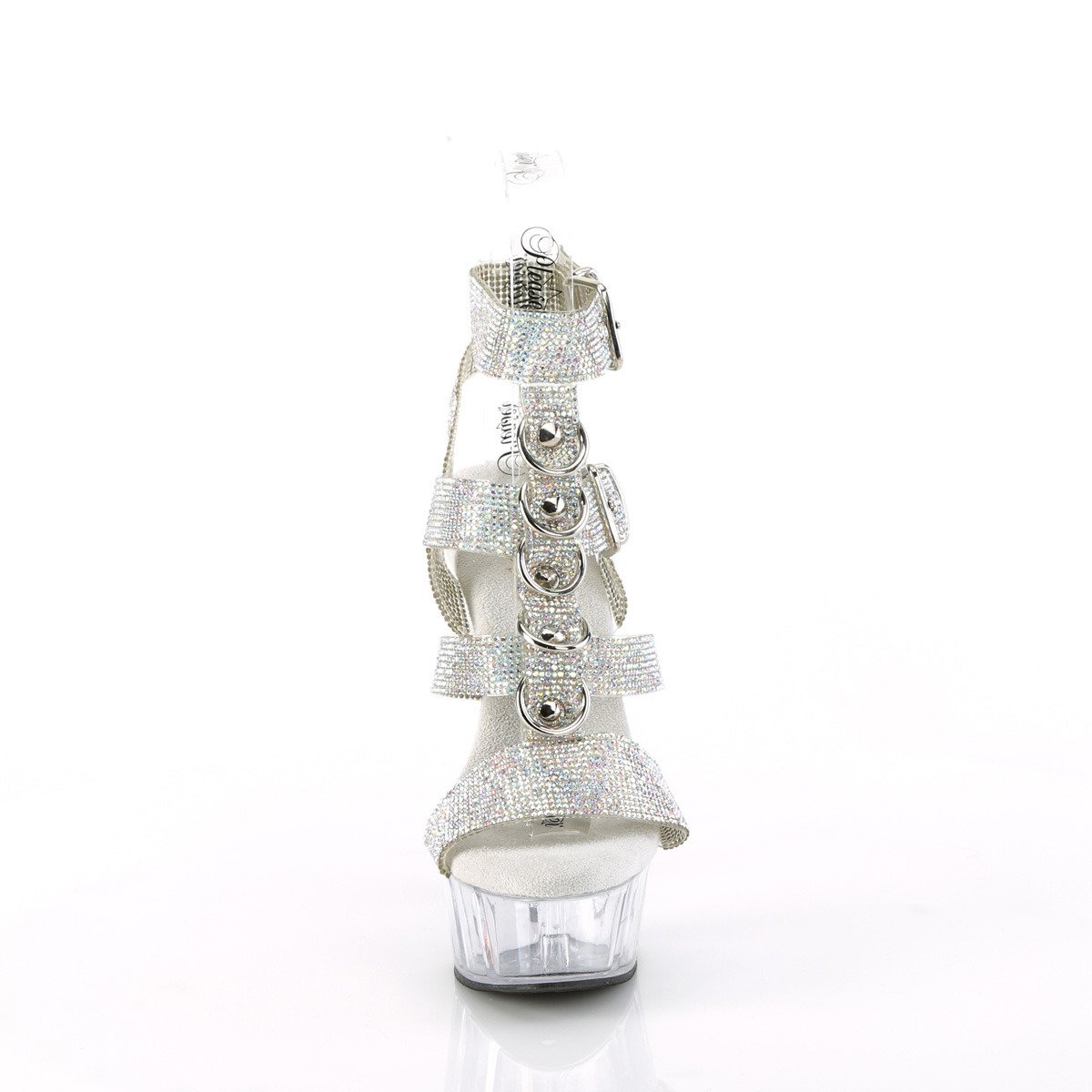 Pleaser Delight-656RS SRS-TPU/C - Srebrne buty z paskiem nad kostką na platformie z wysokimi obcasami