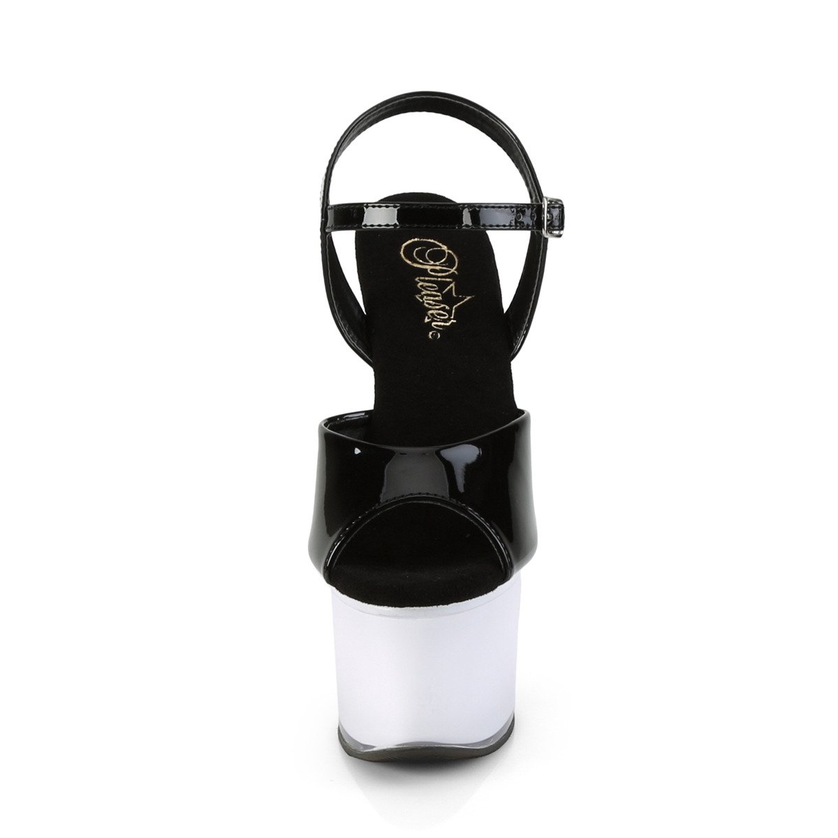 Pleaser Discolite-709 B/WGLOW - Błyszczące czarne świecące sandały na wysokiej platformie