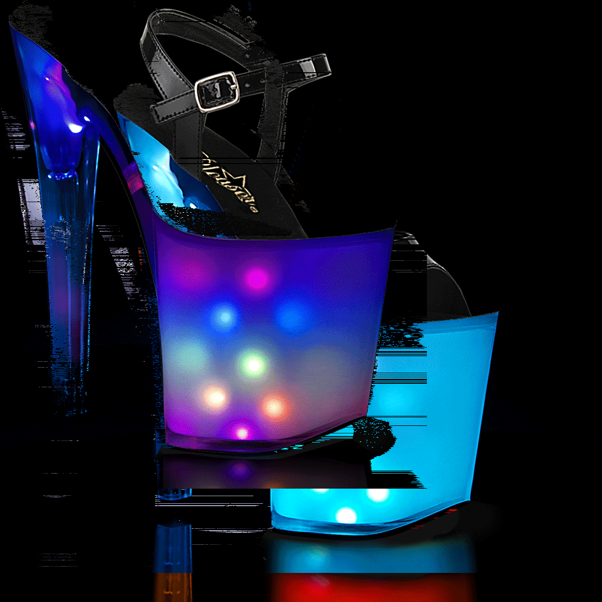 Pleaser Discolite-809 B/WGLOW - Błyszczące czarne świecące sandały na wysokiej platformie