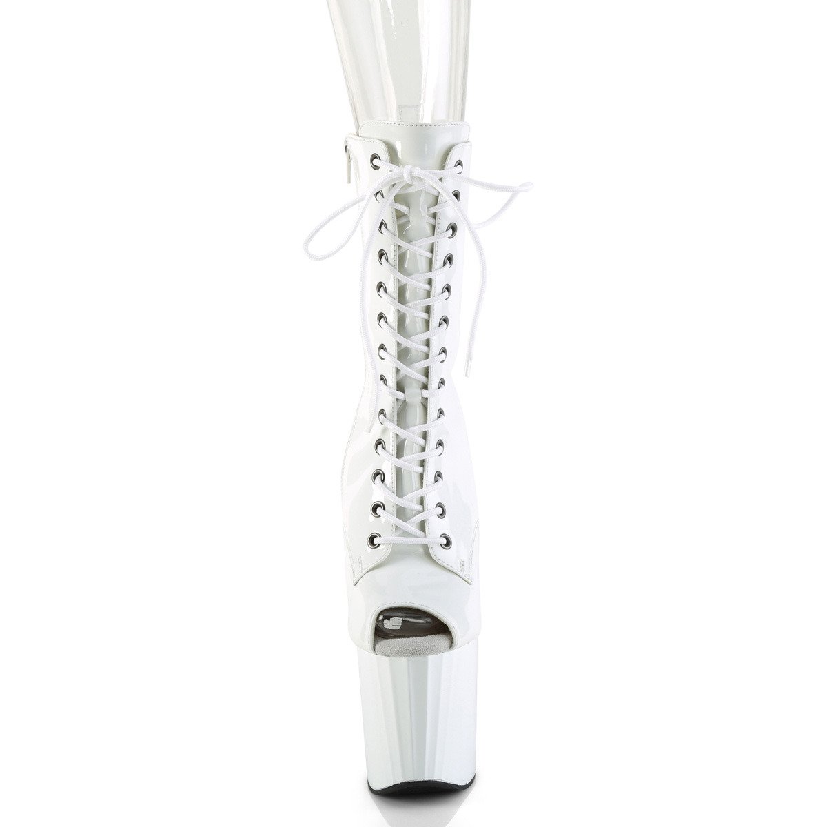 Pleaser Enchant-1041 W/M - Błyszczące białe buty za kostkę na wysokiej platformie