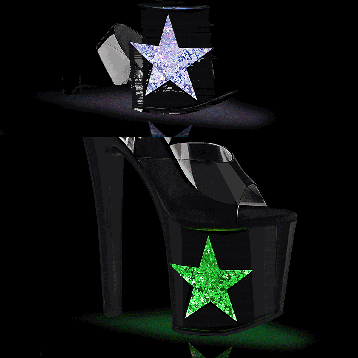 Pleaser Enchant-708LT-STAR C/B-SG - Przezroczyste świecące sandały na wysokiej platformie