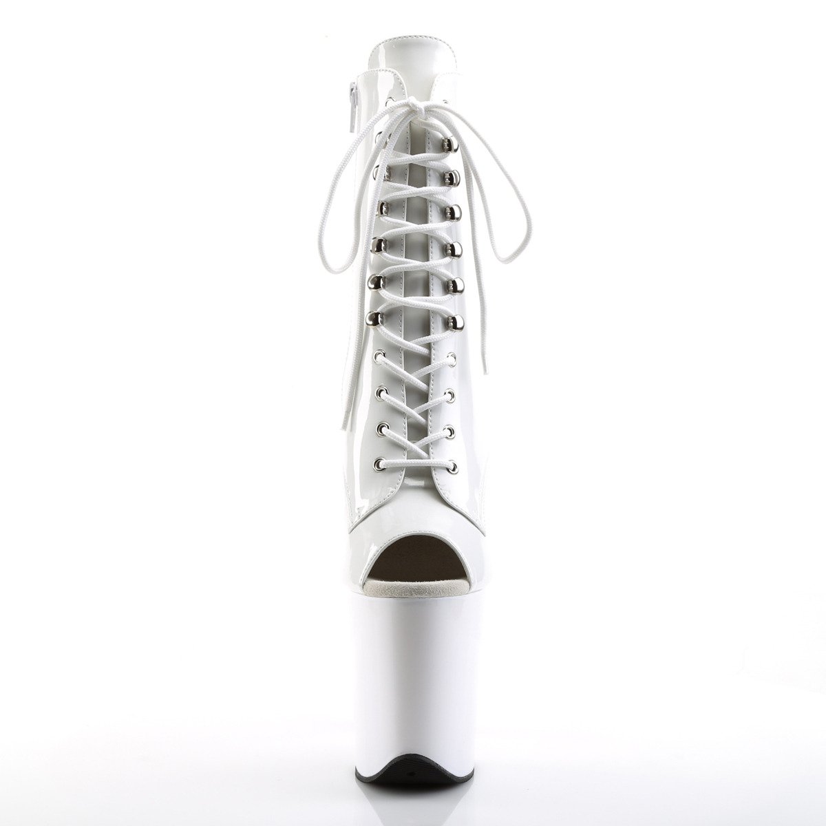 Pleaser Flamingo-1021 W/M - Błyszczące białe buty za kostkę na wysokiej platformie