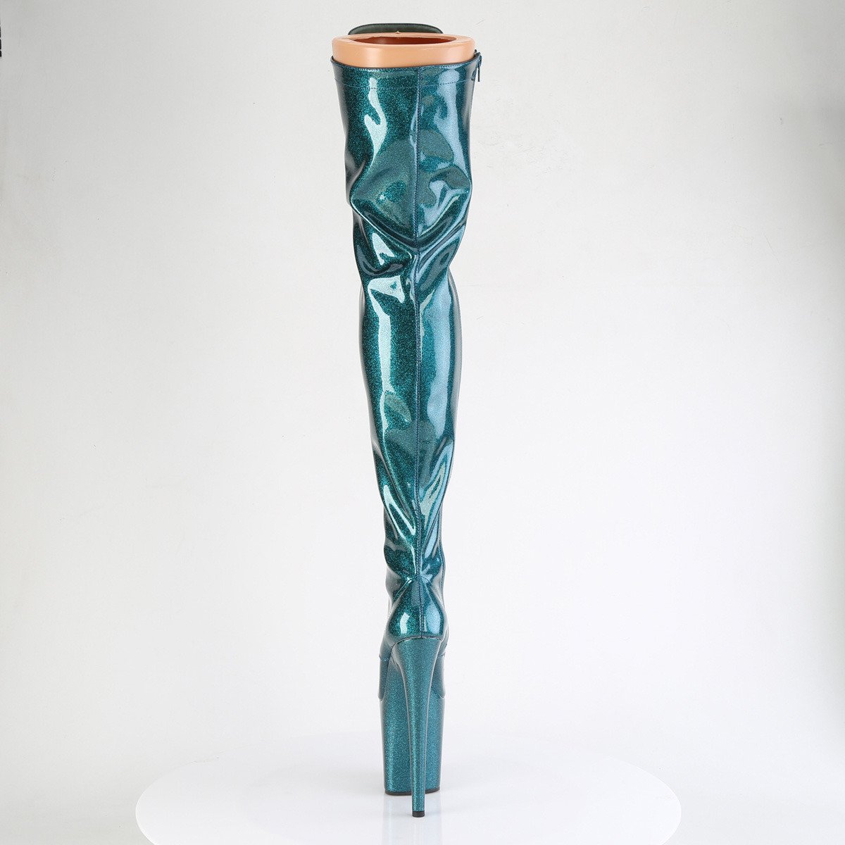 Pleaser Flamingo-3020GP TLG/M - Błyszczące beżowe kozaki za kolano na wysokiej platformie