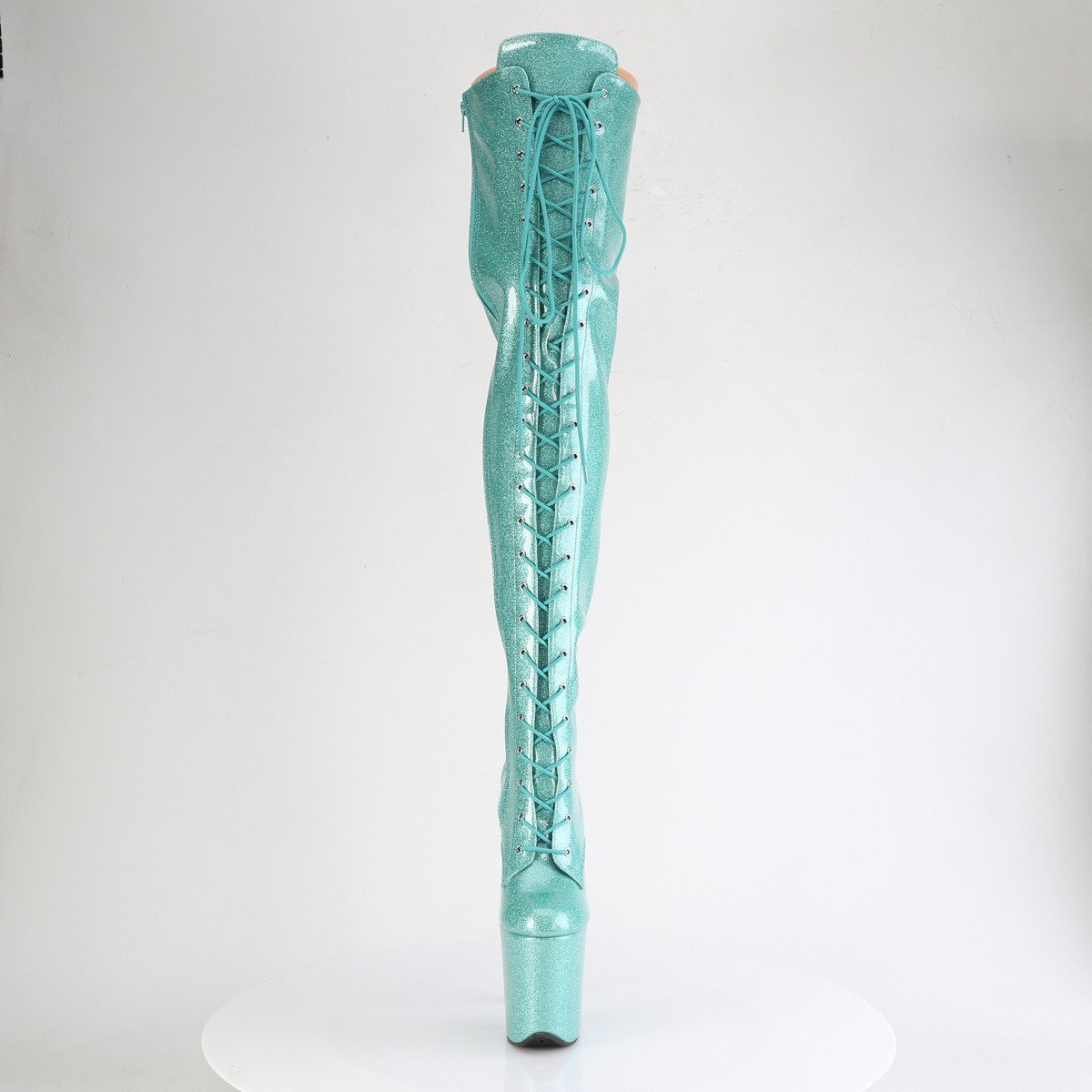 Pleaser Flamingo-3020GP AQG/M - Błyszczące turkusowe kozaki za kolano na wysokiej platformie