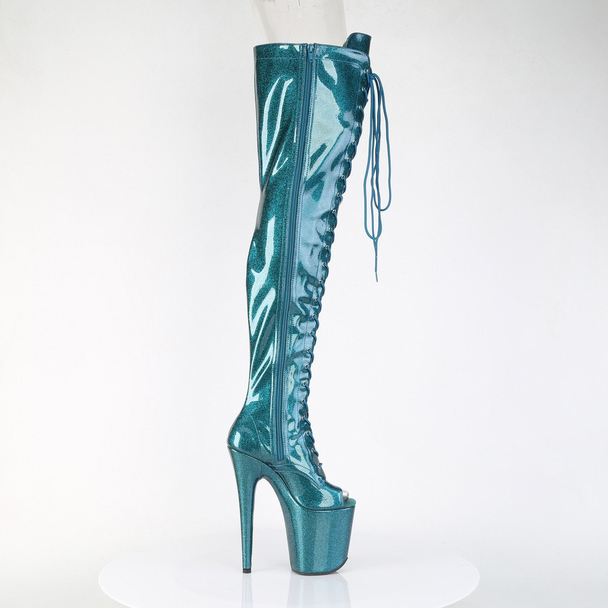 Pleaser Flamingo-3021GP TLG/M - Błyszczące beżowe botki z odkrytymi palcami na wysokiej platformie