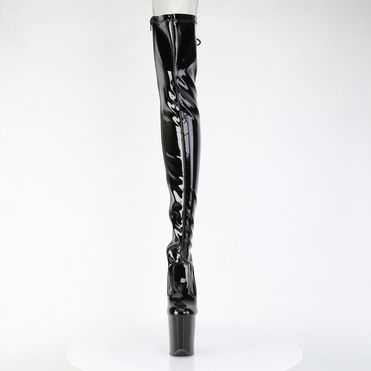 Pleaser Flamingo-3850 B/M - Błyszczące czarne kozaki za kolano na wysokiej platformie