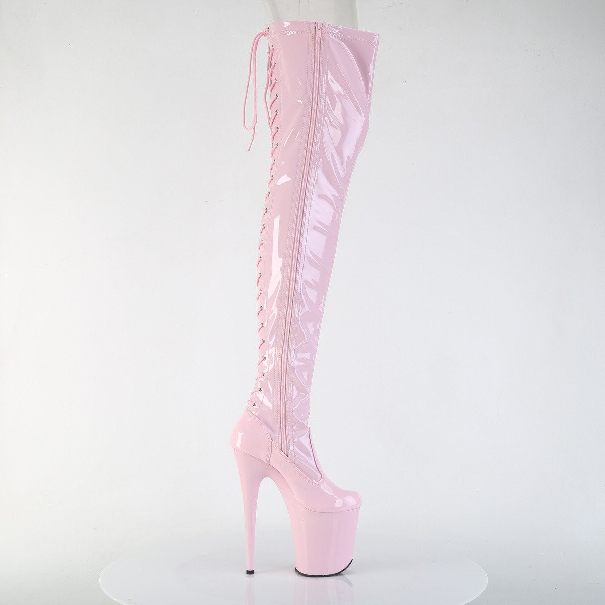Pleaser Flamingo-3850 BP/M - Błyszczące różowe kozaki za kolano na wysokiej platformie