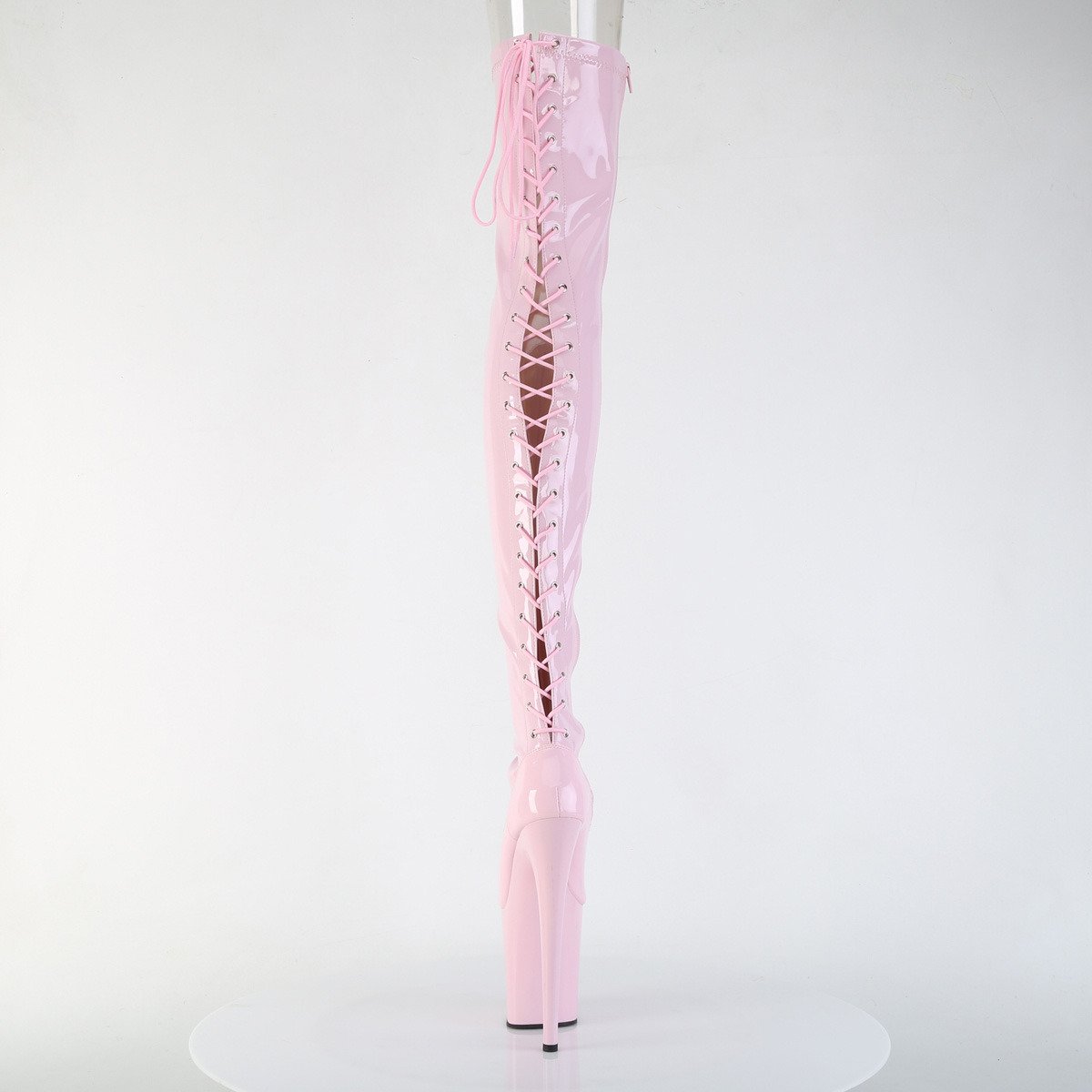 Pleaser Flamingo-3850 BP/M - Błyszczące różowe kozaki za kolano na wysokiej platformie