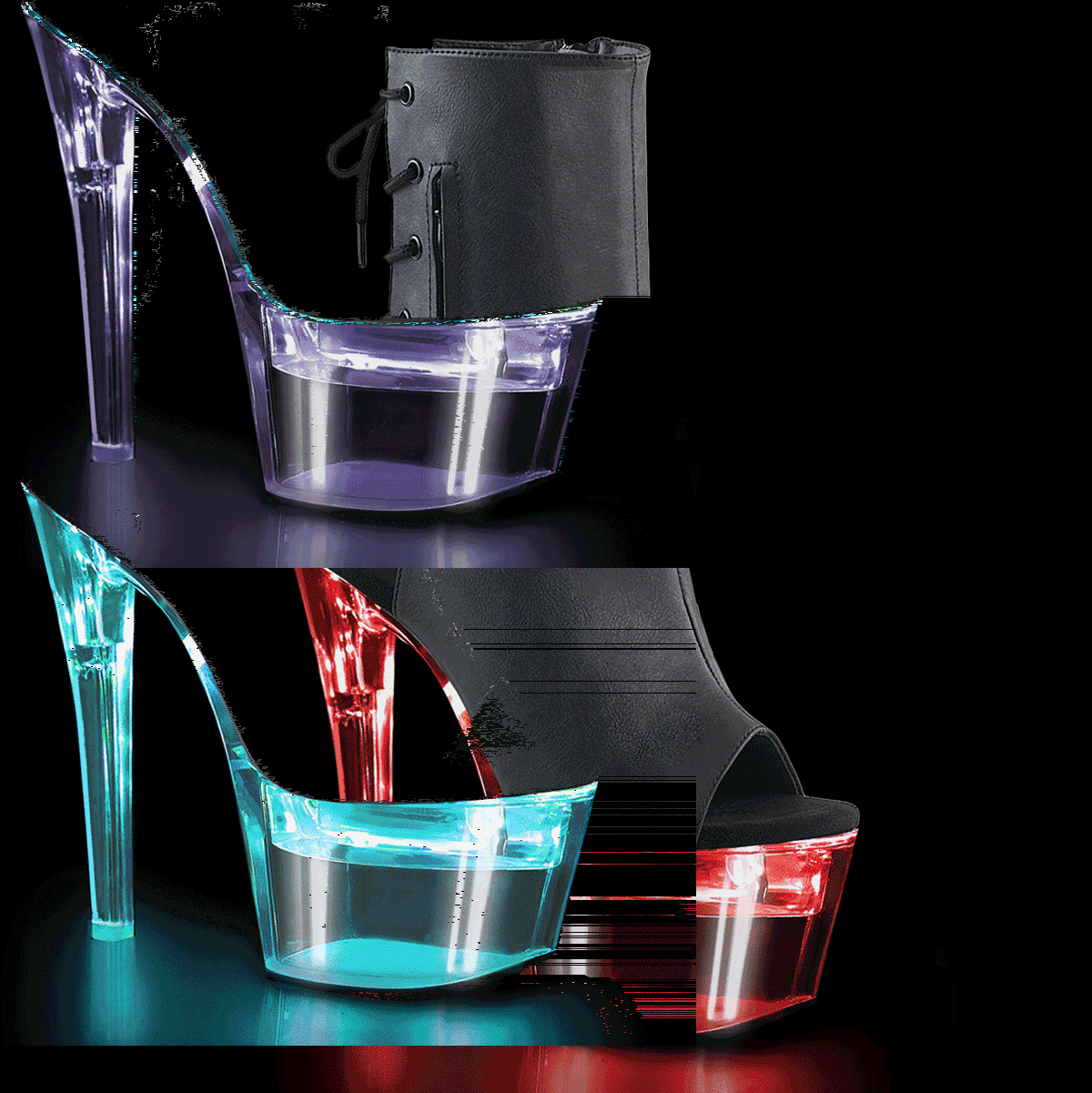 Pleaser Flashdance-1018-7 BPU/C - Czarne świecące botki z odkrytymi palcami na wysokiej platformie