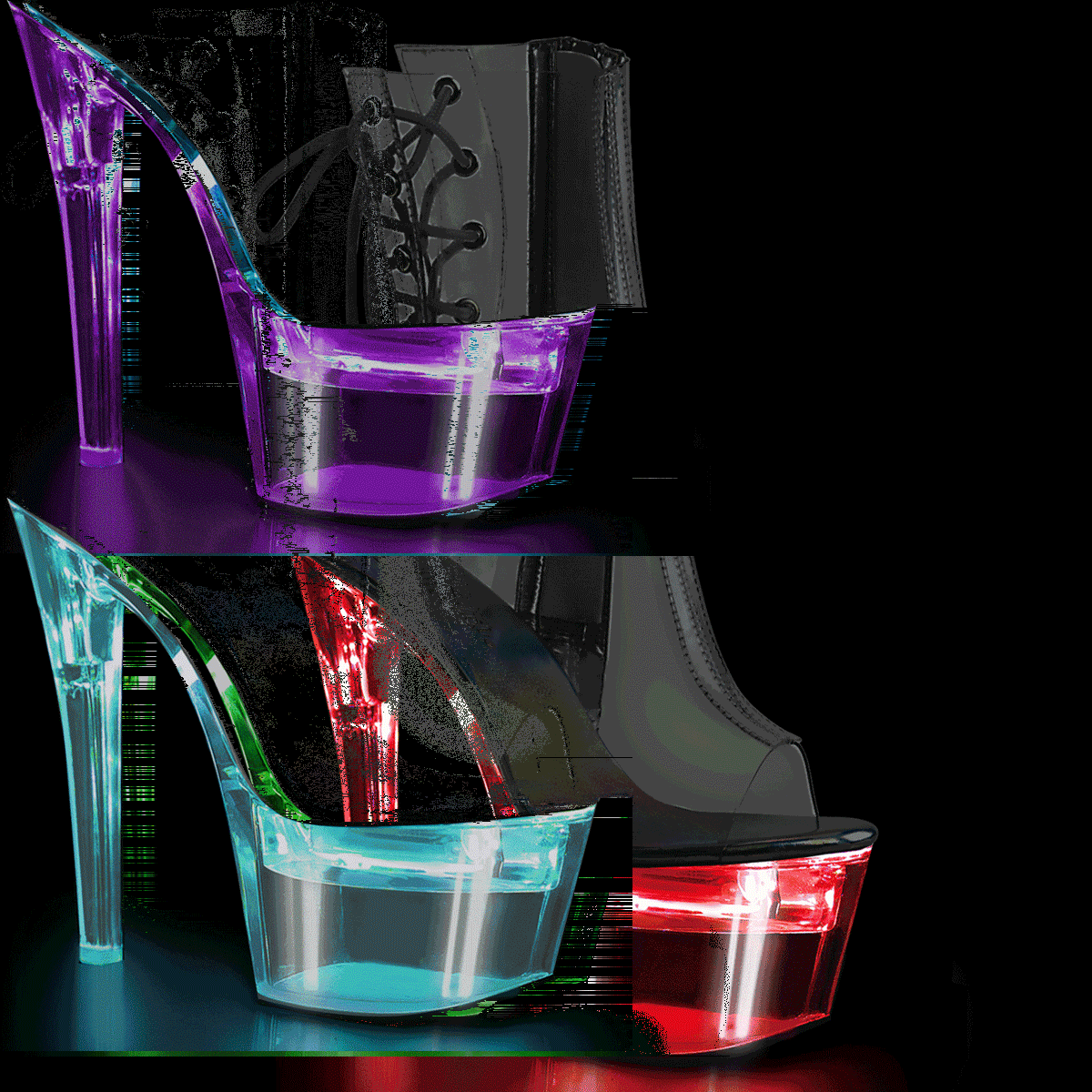 Pleaser Flashdance-1018C-7 C/M - Przezroczyste świecące botki z odkrytymi palcami na wysokiej platformie