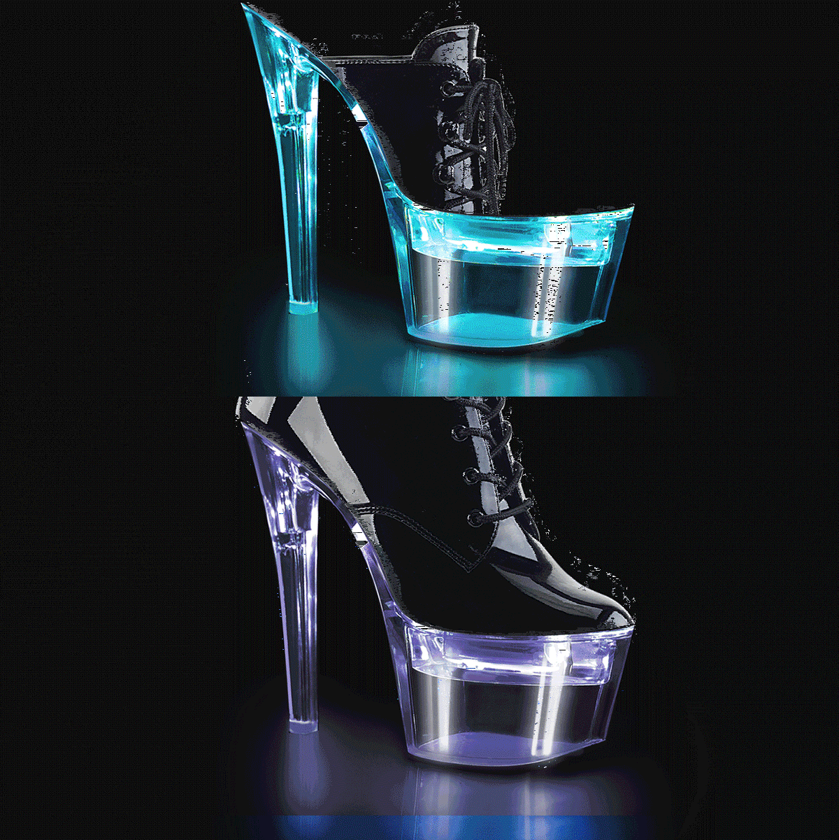 Pleaser Flashdance-1020-7 B/C - Błyszczące czarne świecące buty za kostkę na wysokiej platformie