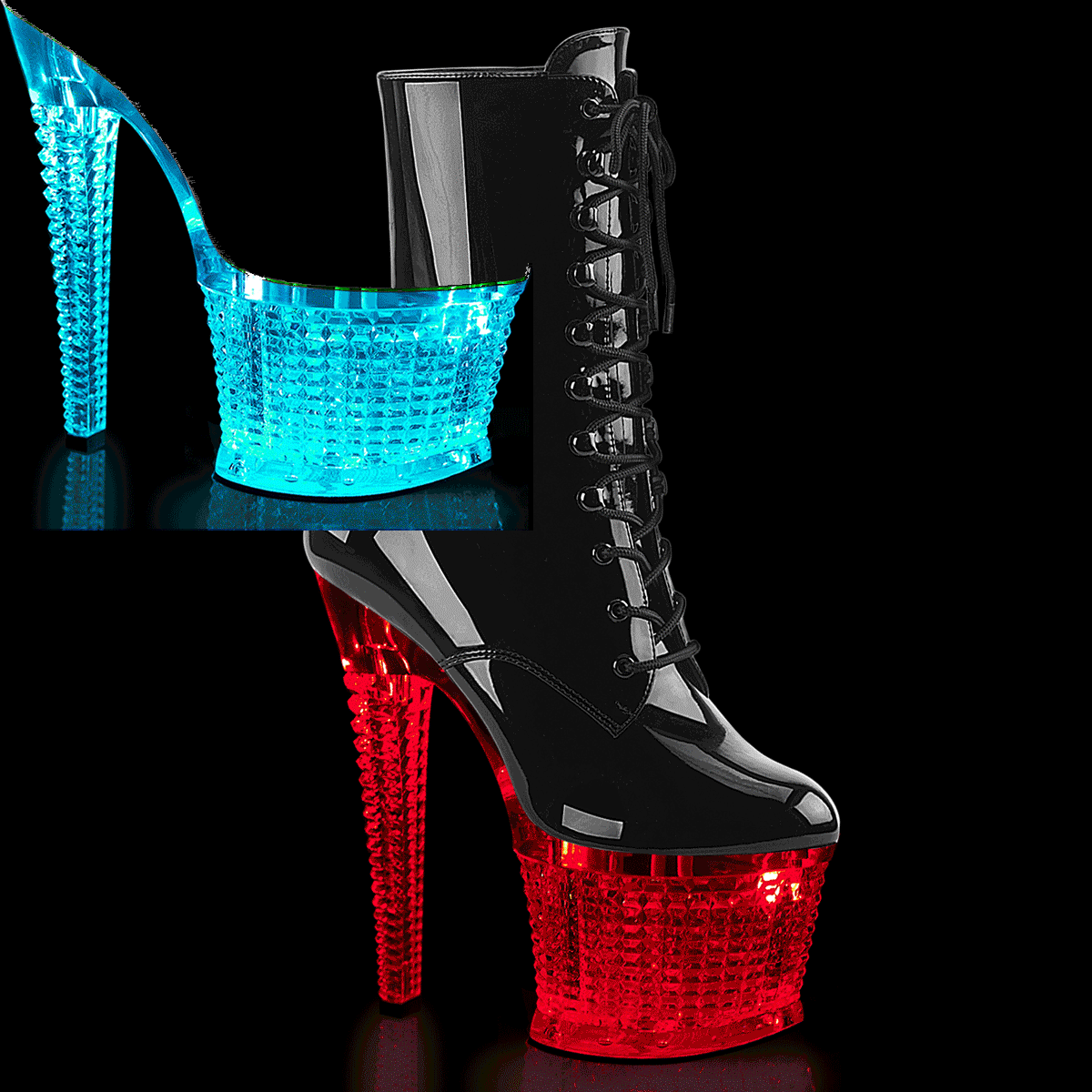 Pleaser Flashdance-1020SPEC B/C - Błyszczące czarne świecące buty za kostkę na wysokiej platformie