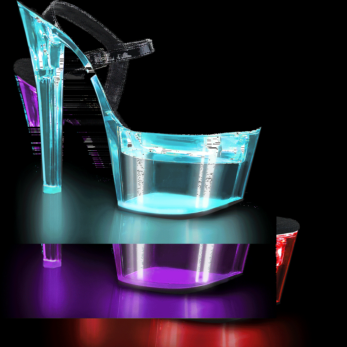 Pleaser Flashdance-709 B/C - Błyszczące czarne świecące sandały na wysokiej platformie