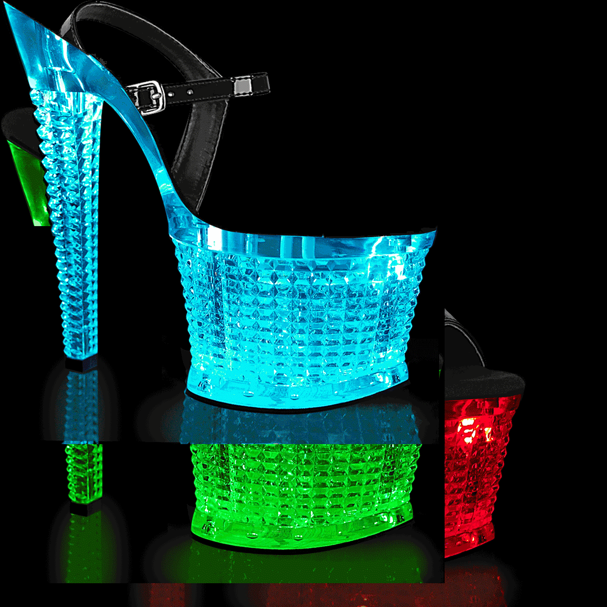 Pleaser Flashdance-709SPEC B/C - Błyszczące czarne świecące sandały na wysokiej platformie